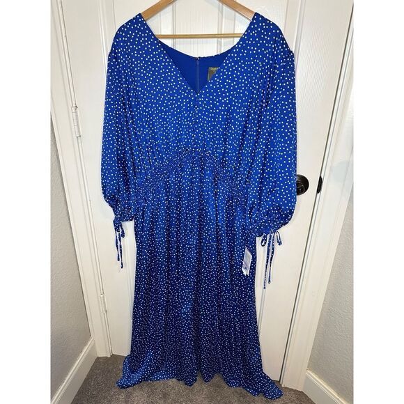 BNWT Taylor Blue Ivory Polka Dot V-Neck Elbow Tie Sleeve Smocked Maxi Dress 22W - Picture 2 of 12